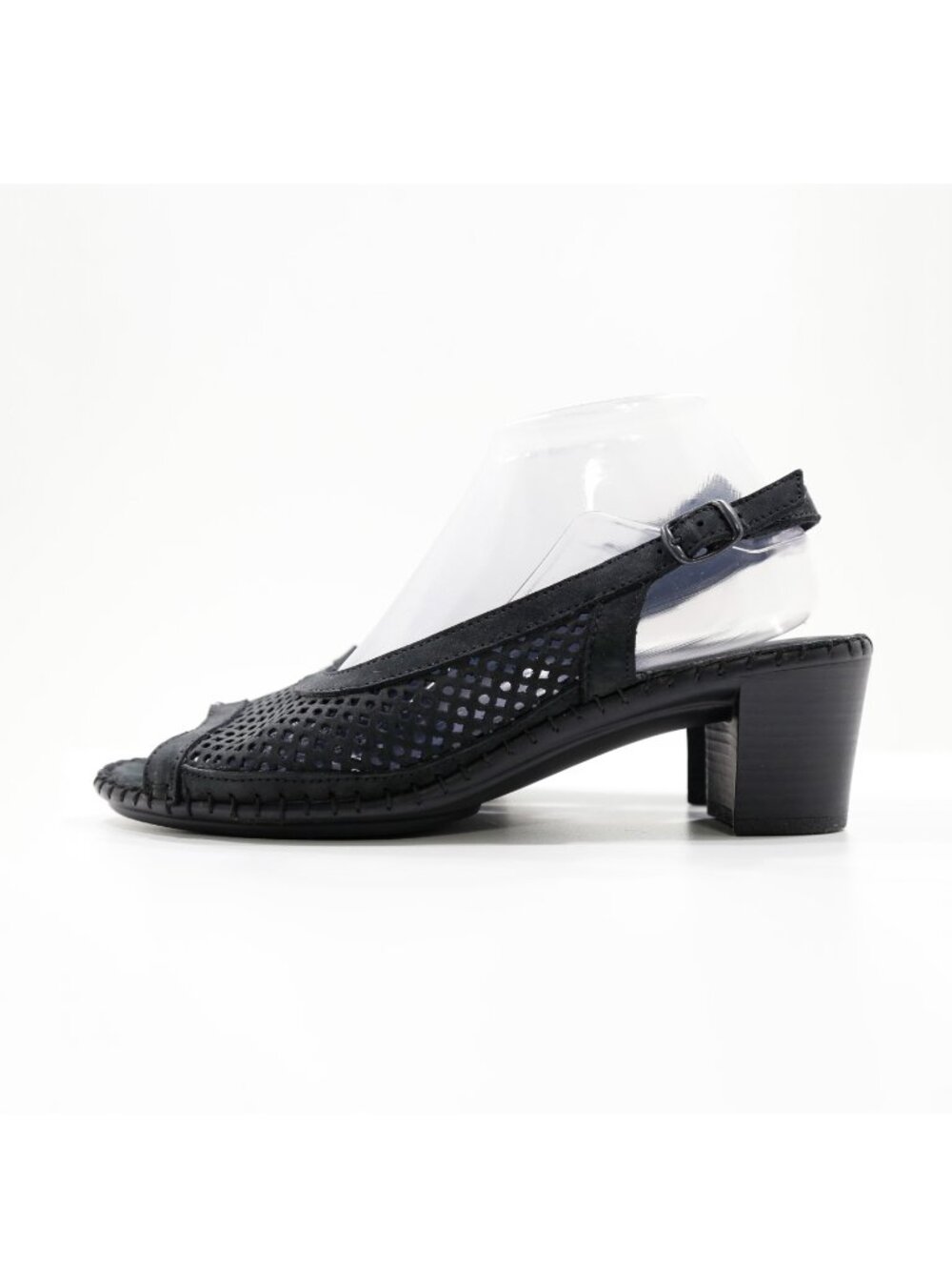 La Plume Black Leather 2" Block Heel Peep Toe Slingback Sandals - 9.5/EU 40